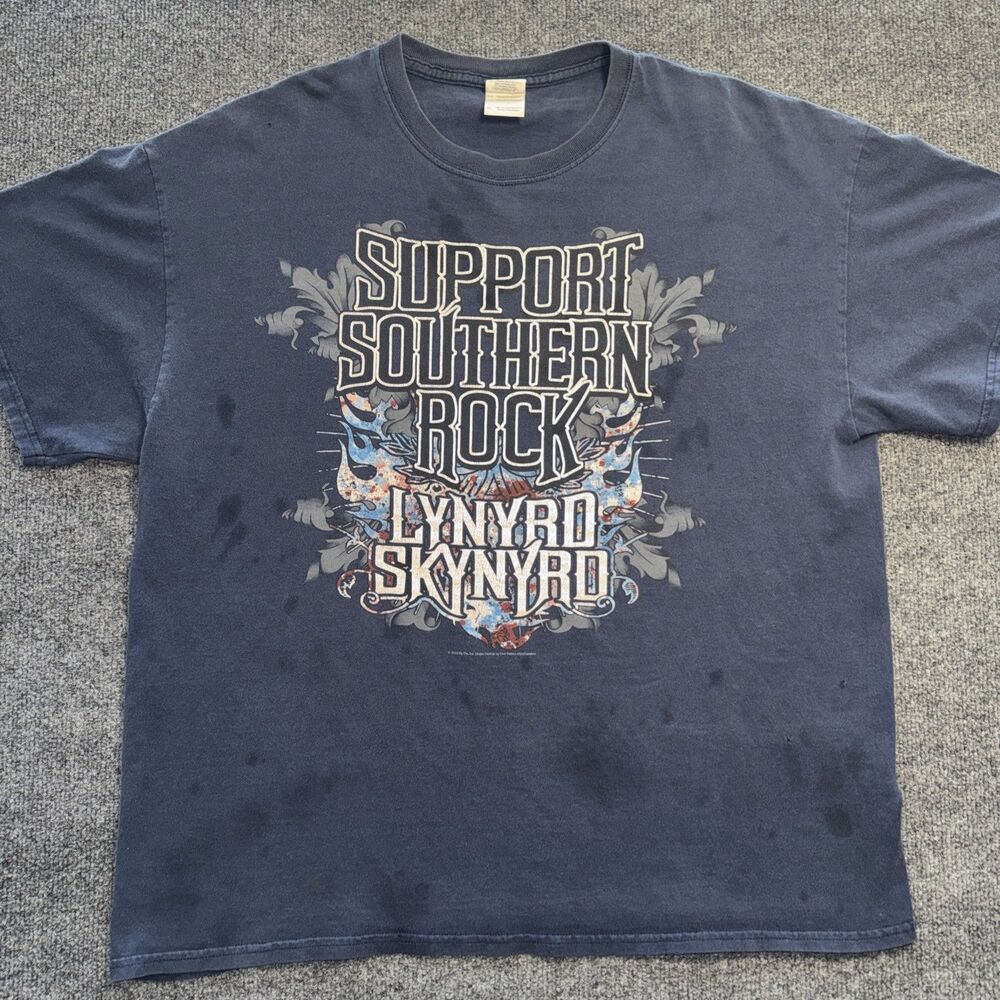 Lynyrd Skynyrd Support Southern Rock Graphic Band T-Shirt - Gildan Navy Blue XL
